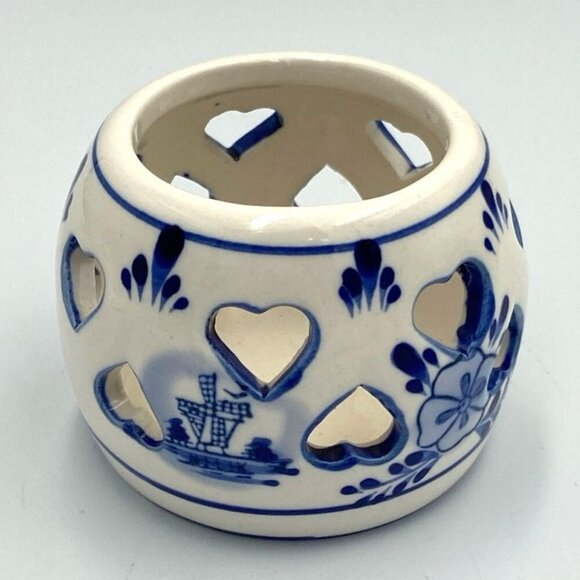 Delft Votive Candle Holder Blue & White Porcelain Hand Painted Windmill Hearts - Picture 1 of 5